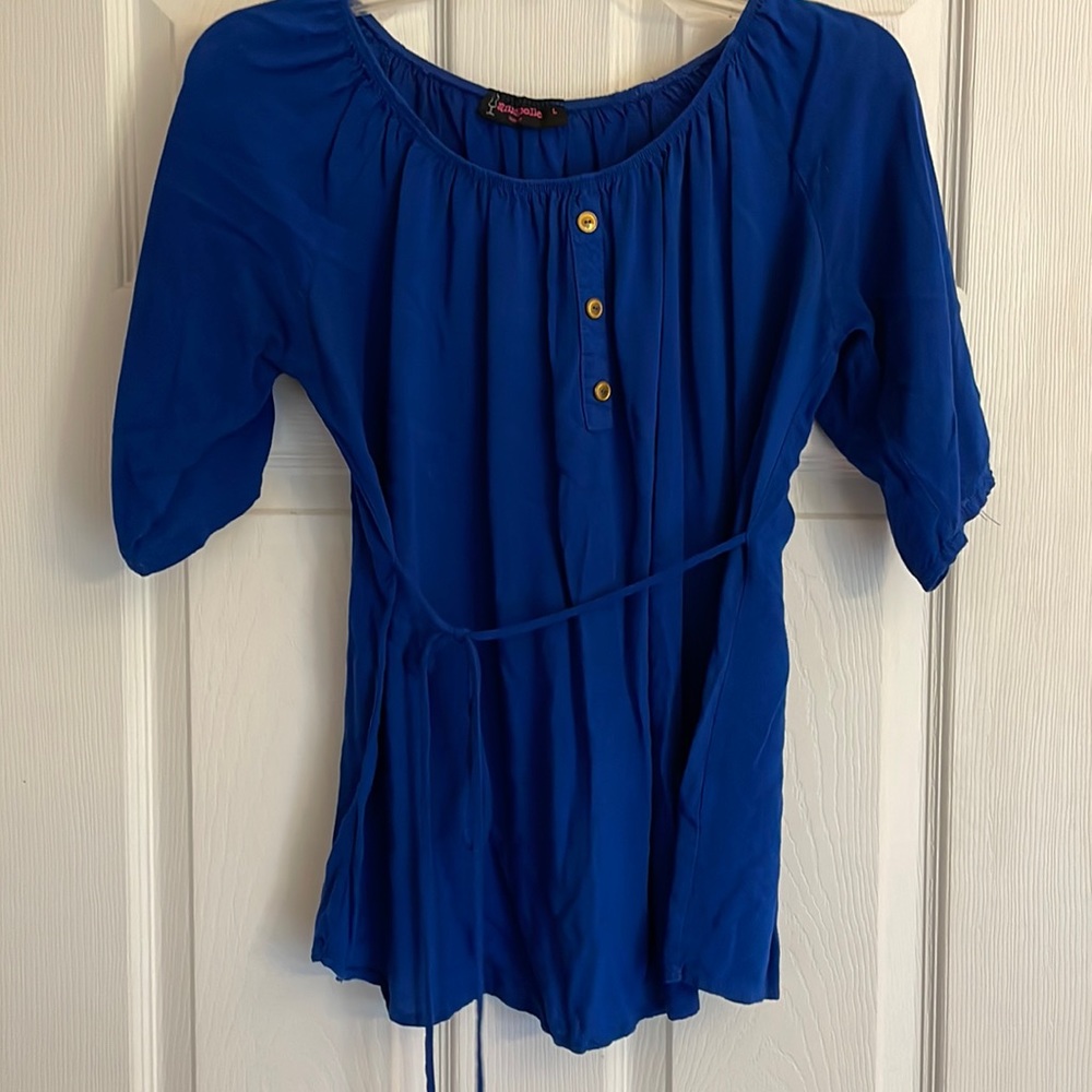 Blue maternity top with faux button detail and tie waist